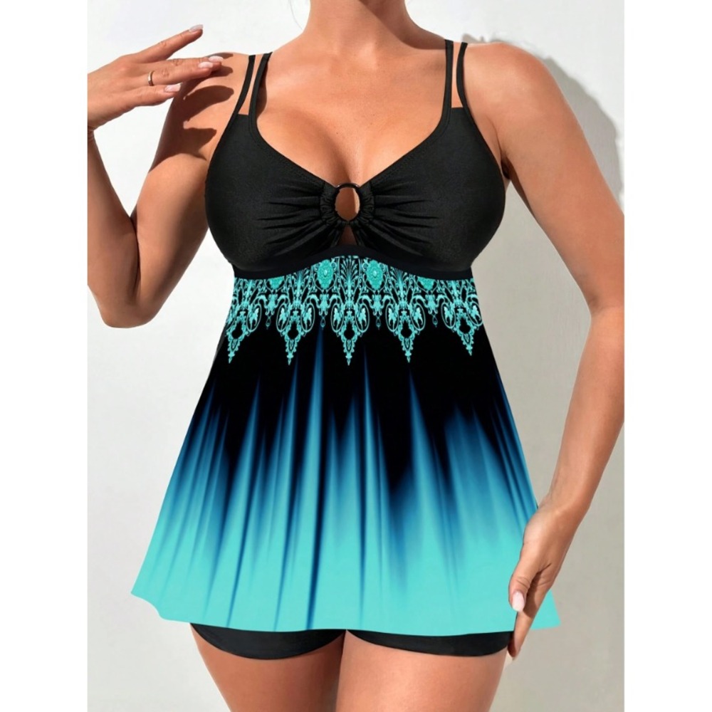 Women's 2PC Swimsuit Set Size 1XL Green Black Tankini Top Boyshorts Bottoms - Picture 15 of 15